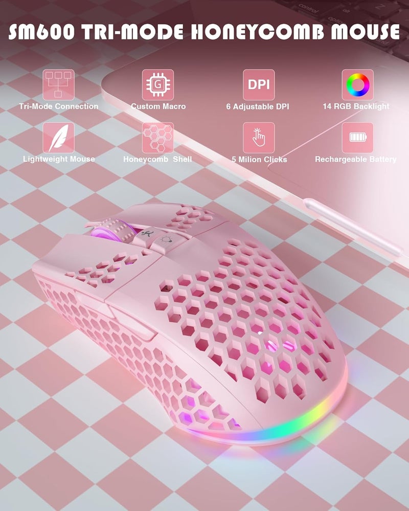 SOLAKAKA SM600 Pink Wireless Gaming Mouse with Honeycomb Shell, Side Buttons,Tri-Modes(BT5.1+BT5.1+2.4GHz) Lightweight RGB Wireless Mouse for PC/Tablet/Desktop/Office/Games - Image 2